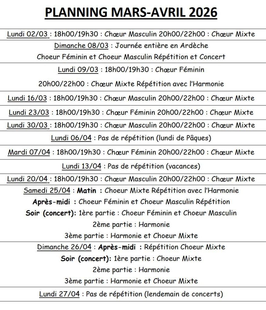 Planning mars avril 2026